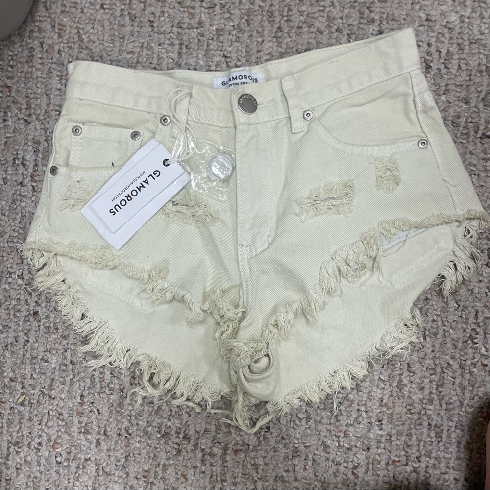 Urban Outfitters Glamorous White Beige Frayed Distressed Cut off Denim Shorts